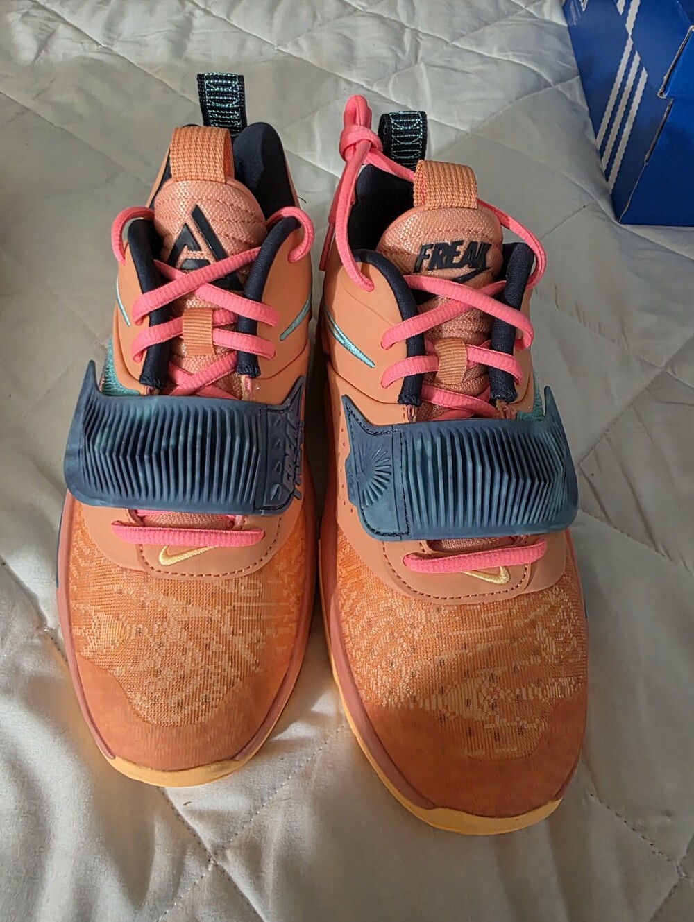 Nike Giannis 3, Size  5y Kids Orange & Pink Sneakers with Teal Strap